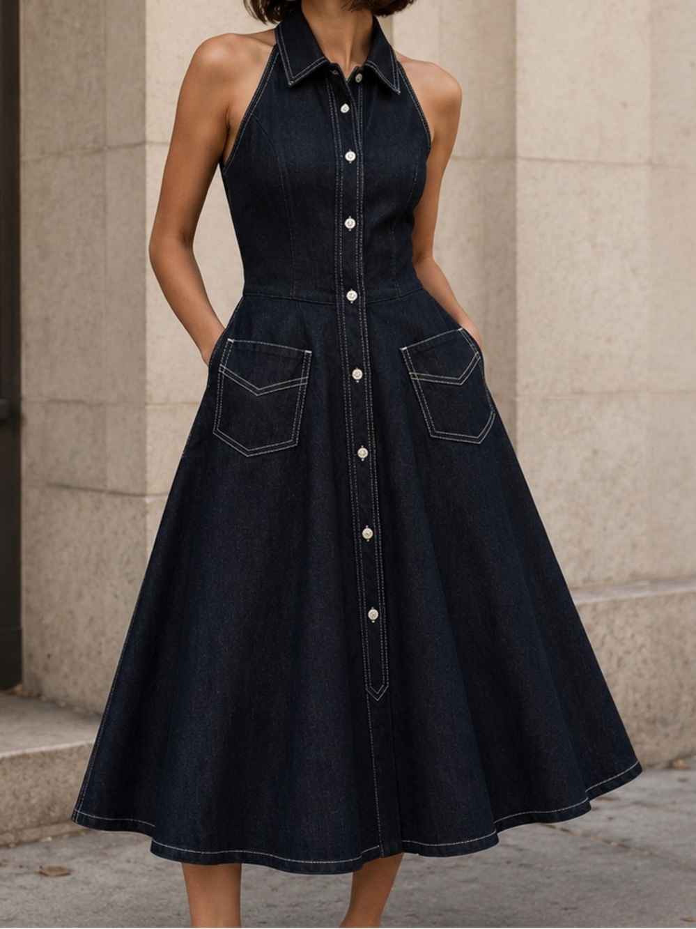Vintage Ralph Lauren Dark Indigo Denim Halter Midi Dress Contrast Stitch 4P